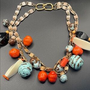 Les Bernard Signed Bib Necklace in Turquoise, Coral & White
